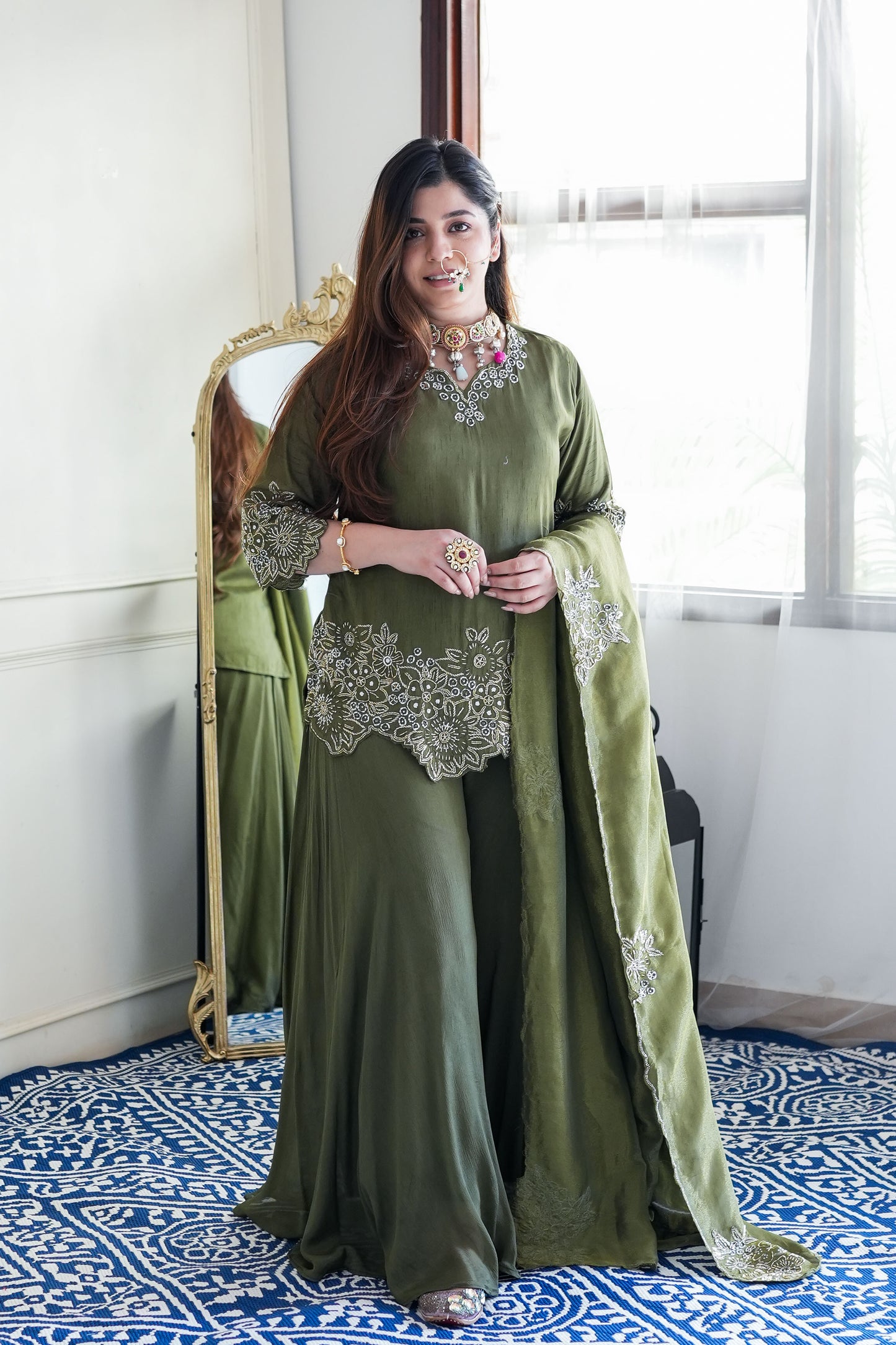 Sufi Olive Green Embroidered Garara Set