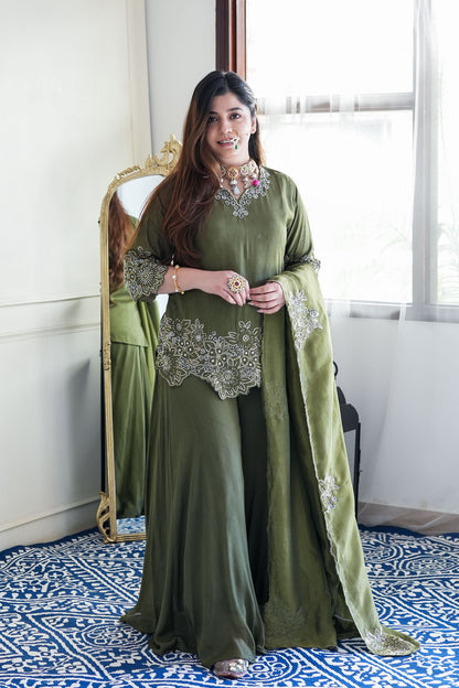 Sufi Olive Green Embroidered Garara Set