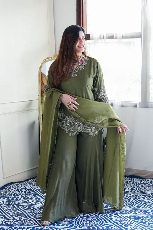 Sufi Olive Green Embroidered Garara Set