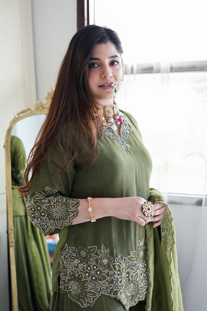 Sufi Olive Green Embroidered Garara Set