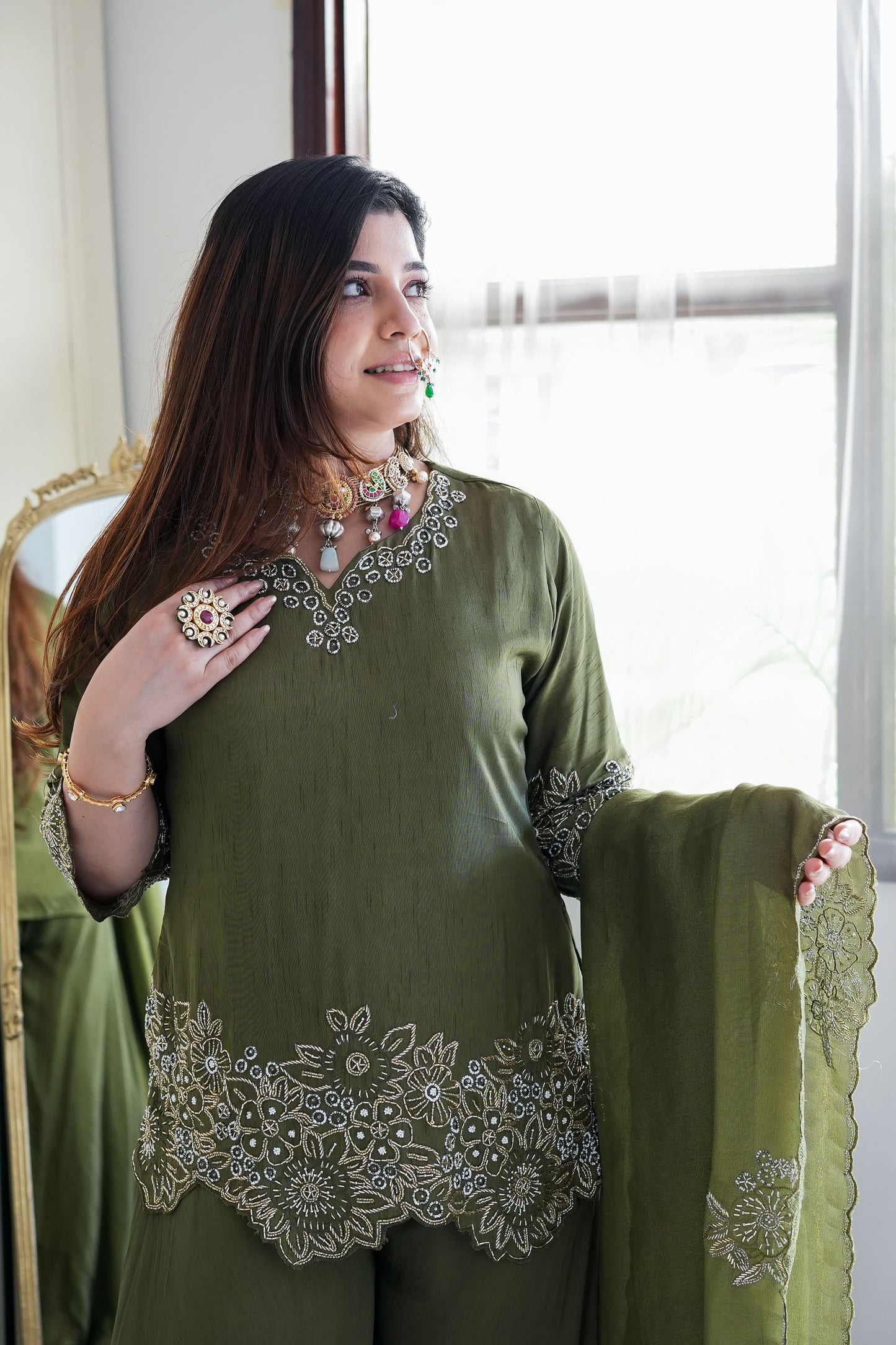 Sufi Olive Green Embroidered Garara Set