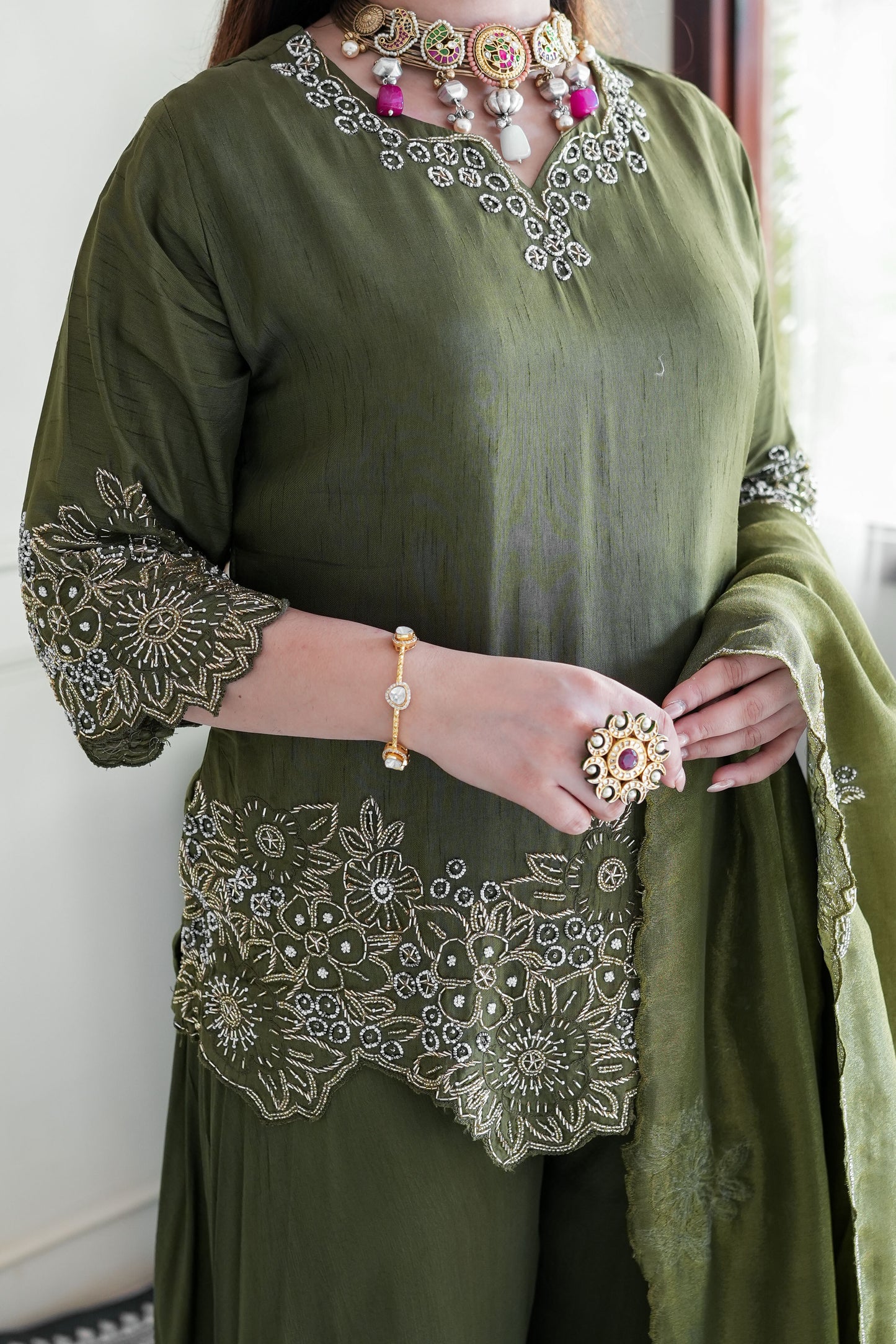 Sufi Olive Green Embroidered Garara Set