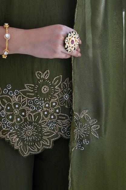 Sufi Olive Green Embroidered Garara Set