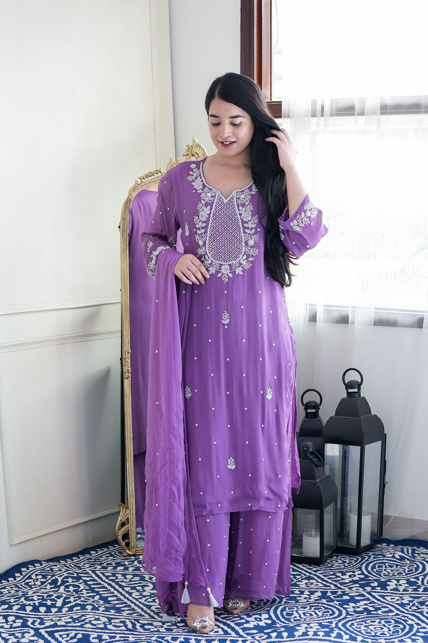 Nyraa Purple Embroidered Georgette Suit Set