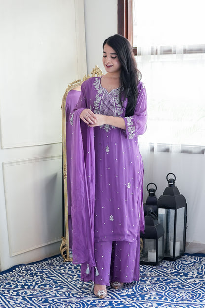 Nyraa Purple Embroidered Georgette Suit Set