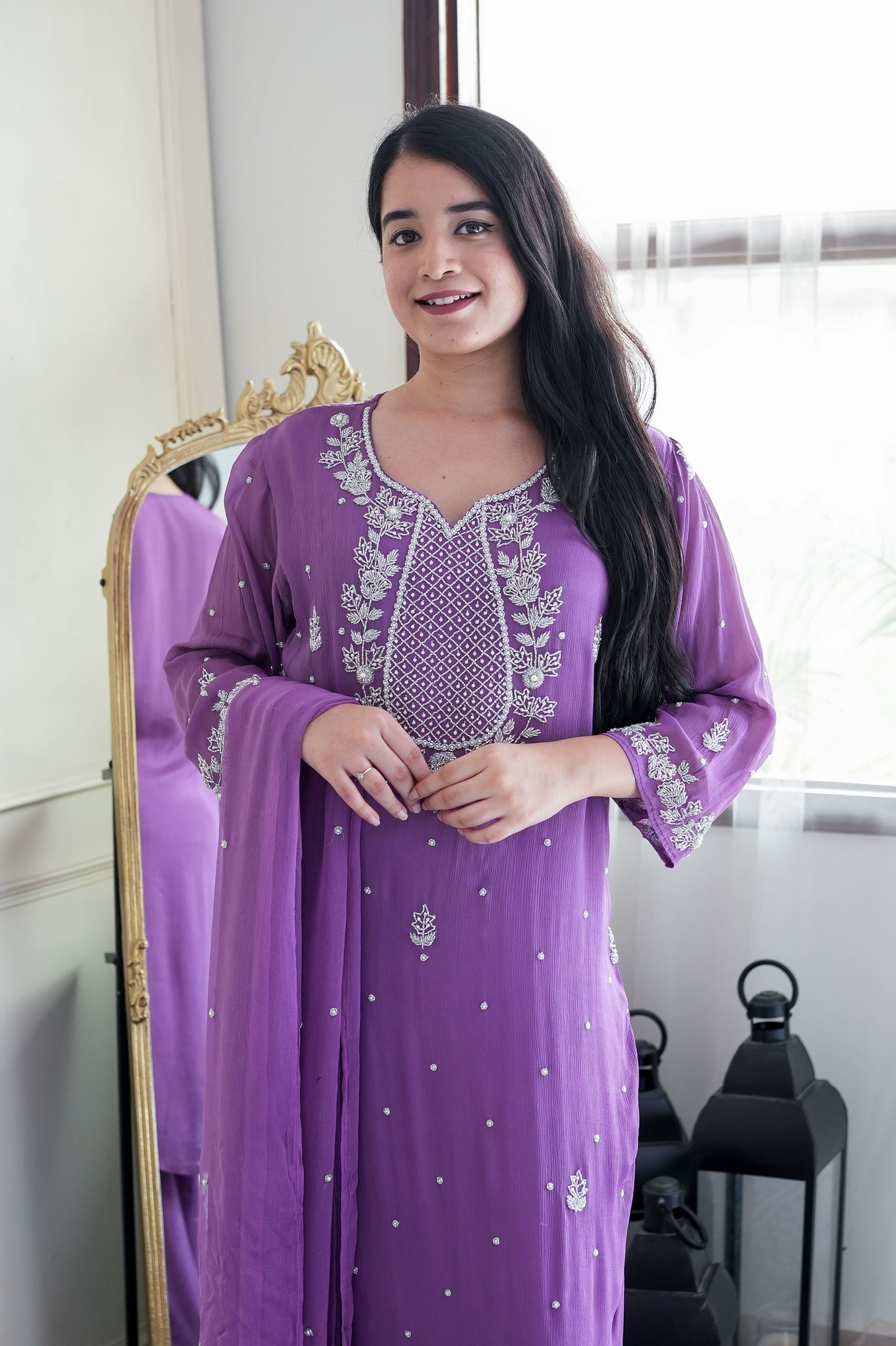 Nyraa Purple Embroidered Georgette Suit Set