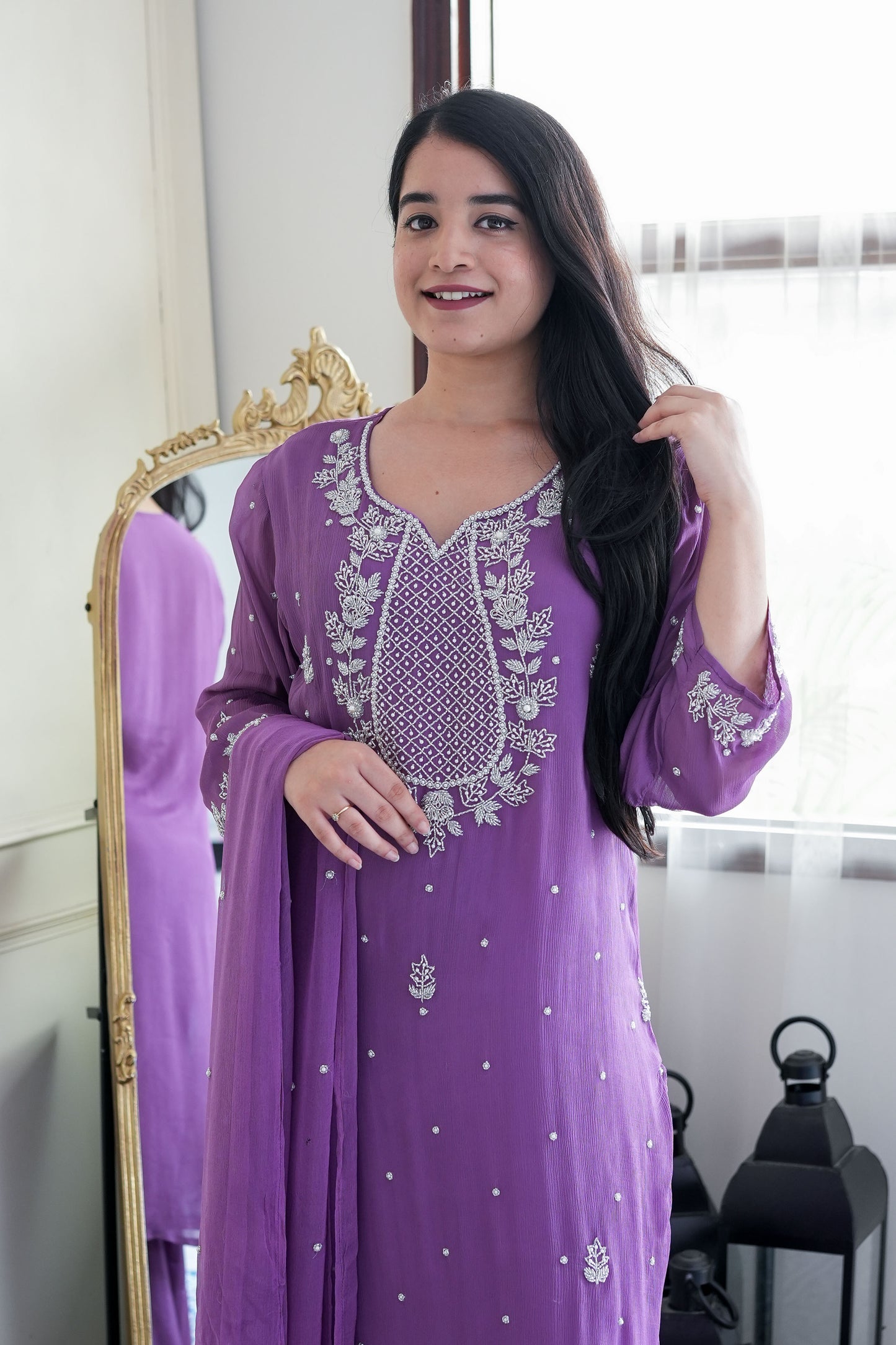 Nyraa Purple Embroidered Georgette Suit Set