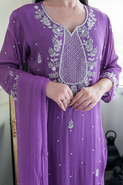 Nyraa Purple Embroidered Georgette Suit Set