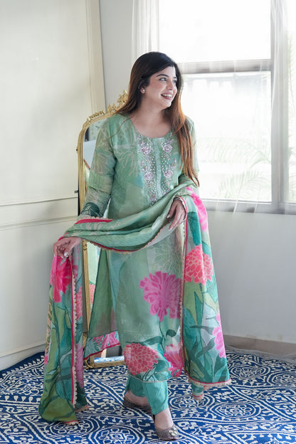 Neeha Green Shimmer Printed Suit Set