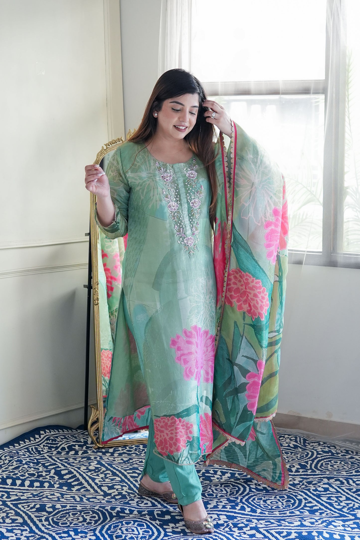 Neeha Green Shimmer Printed Suit Set