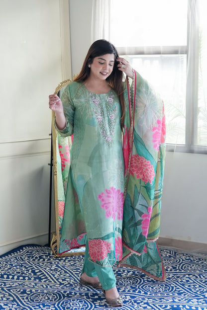 Neeha Green Shimmer Printed Suit Set