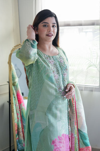 Neeha Green Shimmer Printed Suit Set