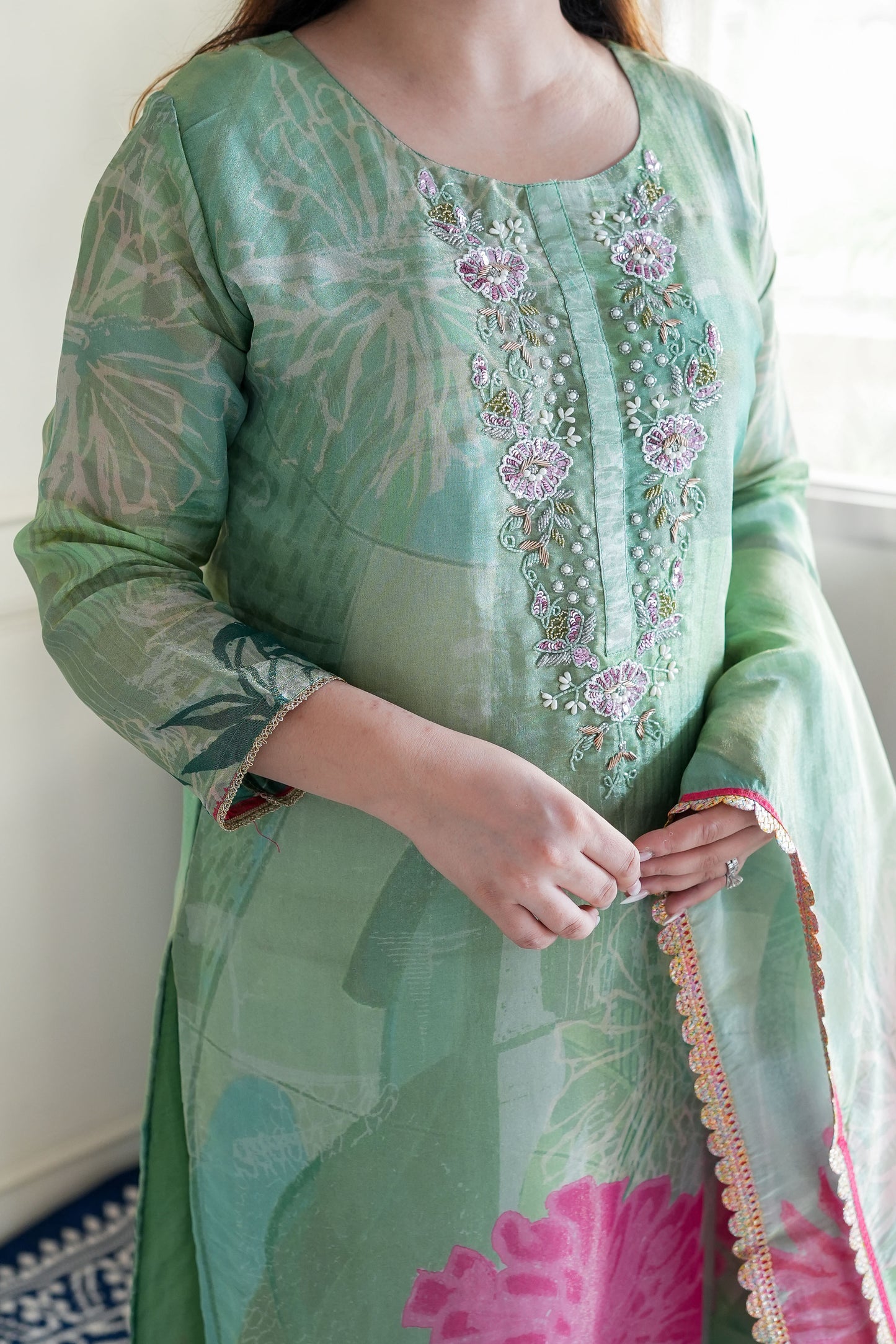 Neeha Green Shimmer Printed Suit Set