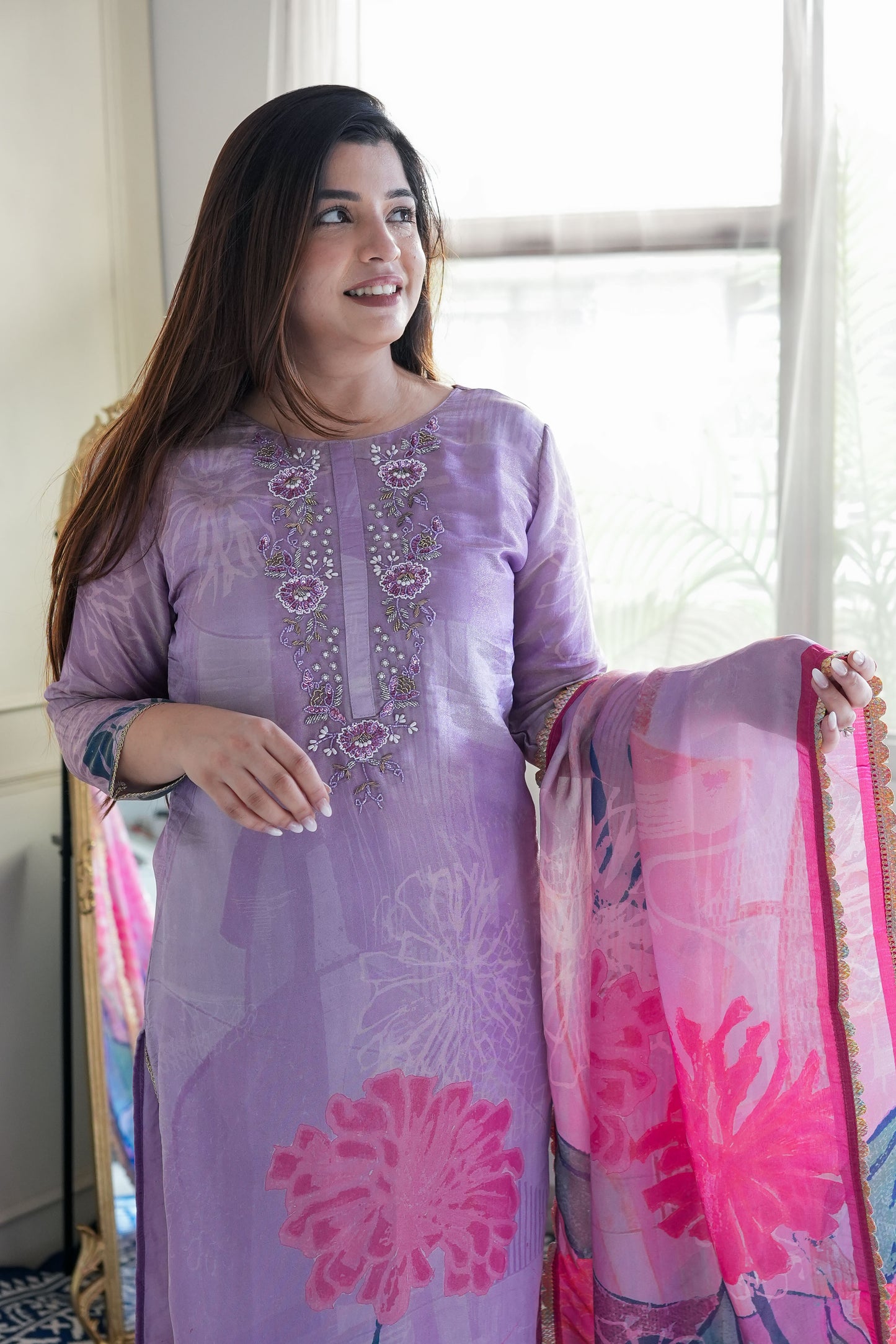 Neeha Purple Shimmer Printed Suit Set