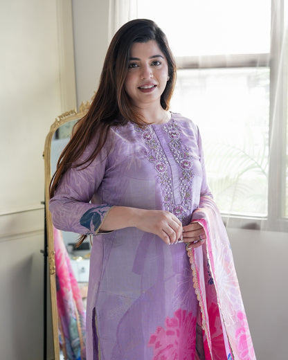 Neeha Purple Shimmer Printed Suit Set