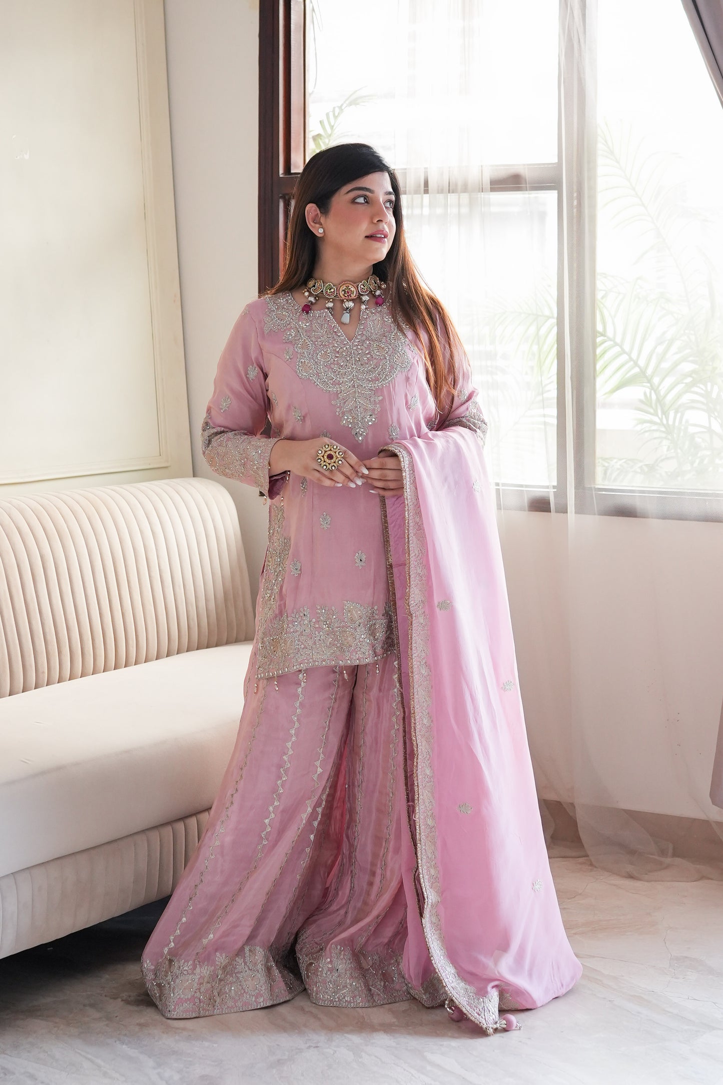 Suhana Luxe Pink Embroidered Garara Set