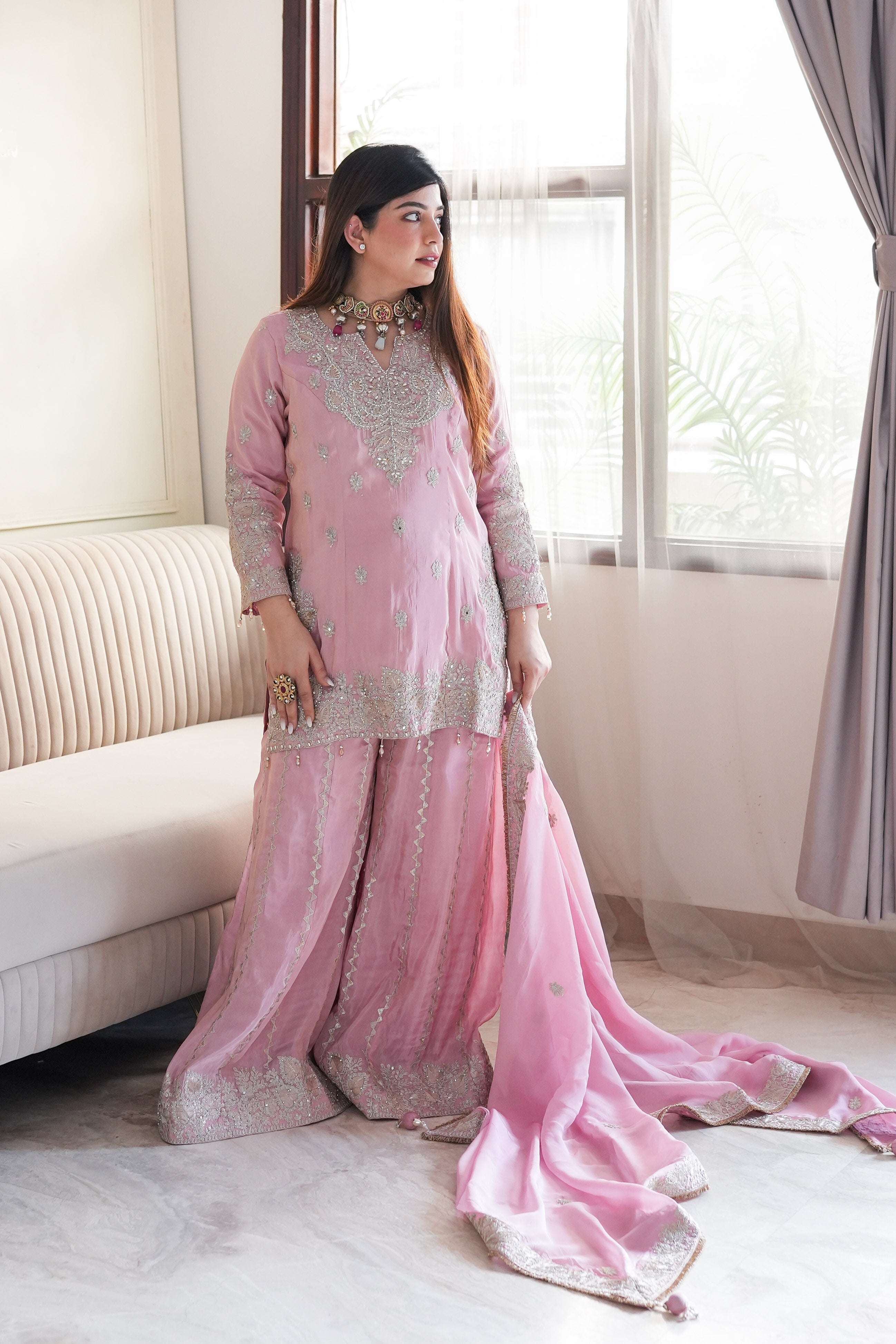 Suhana Luxe Pink Embroidered Garara Set