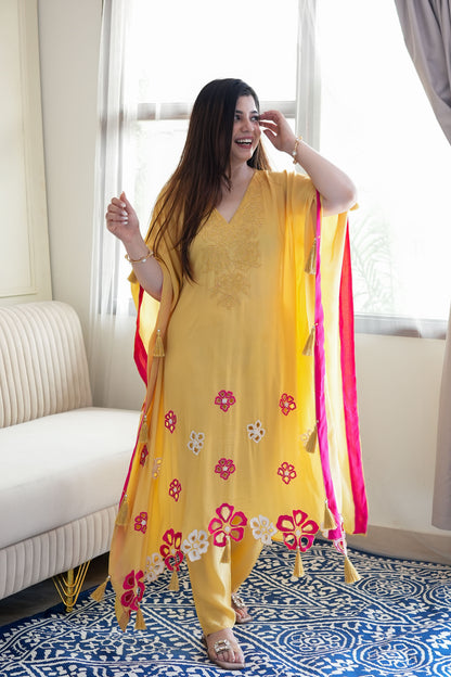 Gazal Yellow Floral Thread Detailing Kaftan Set