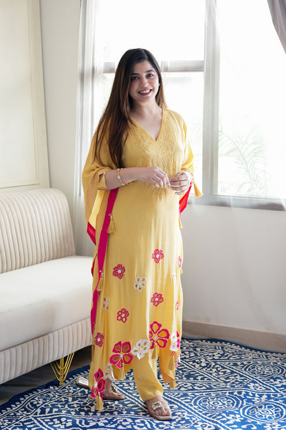 Gazal Yellow Floral Thread Detailing Kaftan Set