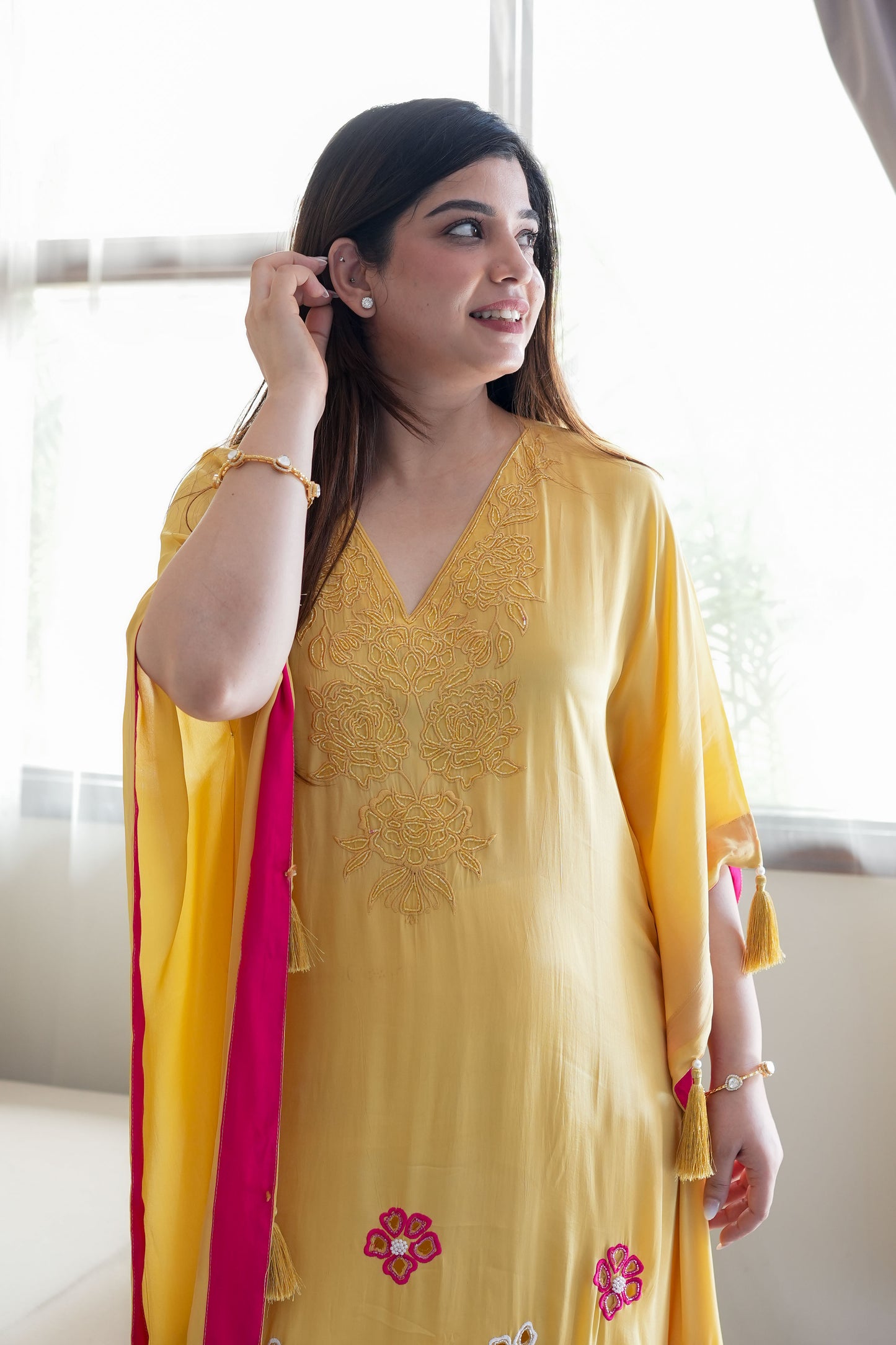 Gazal Yellow Floral Thread Detailing Kaftan Set