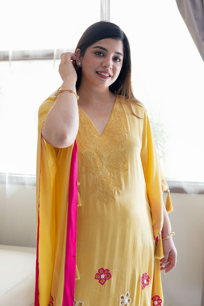 Gazal Yellow Floral Thread Detailing Kaftan Set