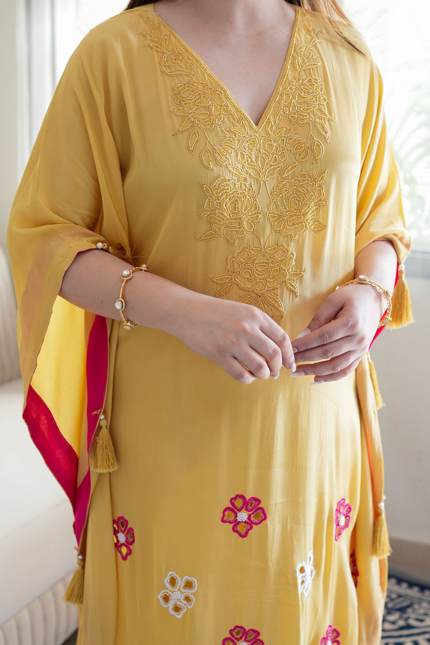 Gazal Yellow Floral Thread Detailing Kaftan Set