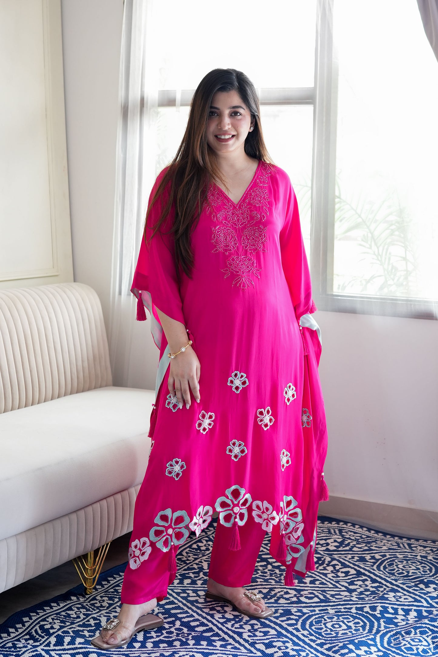 Gazal Hot Pink Floral Thread Detailing Kaftan Set