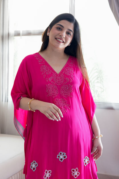 Gazal Hot Pink Floral Thread Detailing Kaftan Set