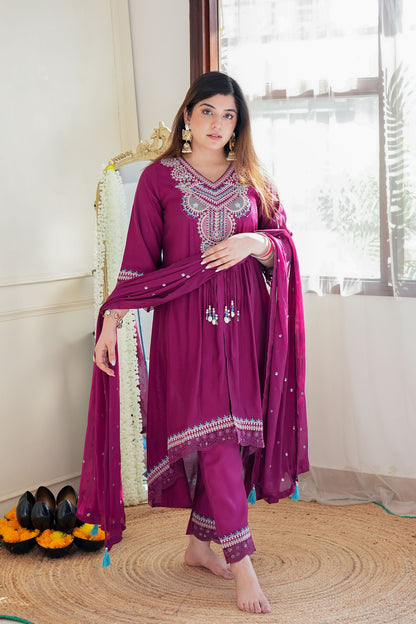 Kuraam Wine Upside Down Anarkali Suit Set