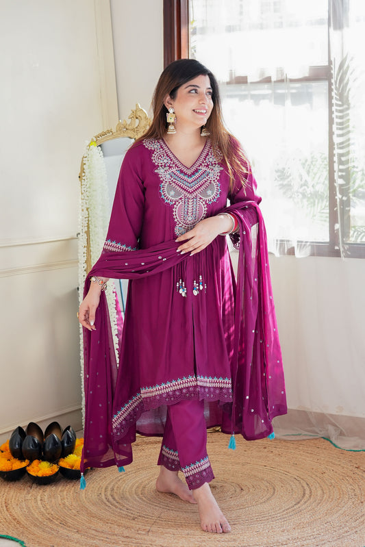 Kuraam Wine Upside Down Anarkali Suit Set