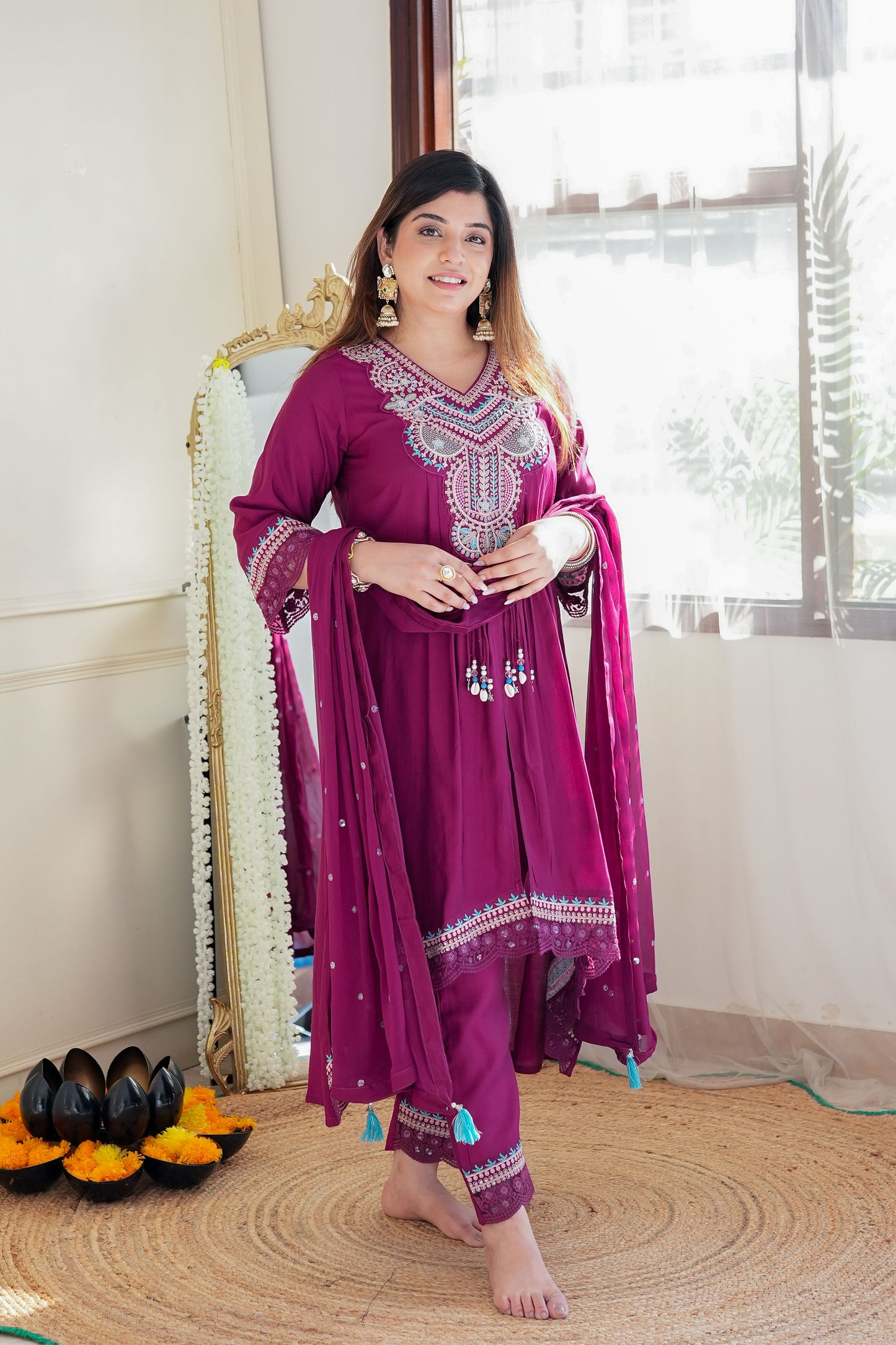 Kuraam Wine Upside Down Anarkali Suit Set