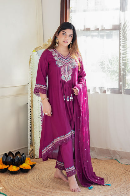 Kuraam Wine Upside Down Anarkali Suit Set