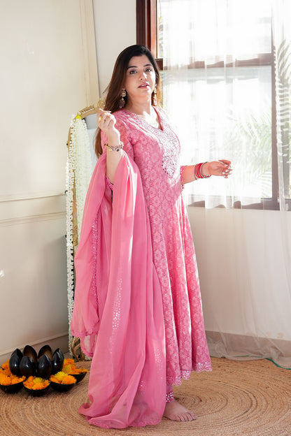 Neyah  Pink Cutwork Anarkali Suit Set