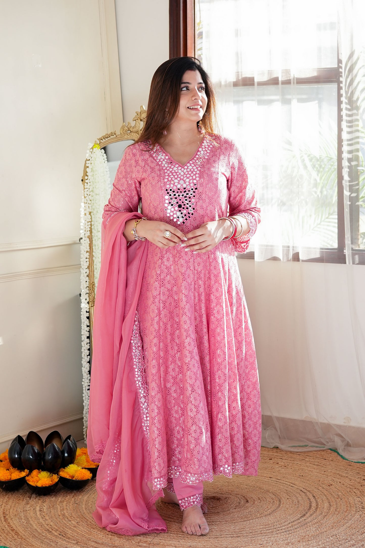 Neyah  Pink Cutwork Anarkali Suit Set