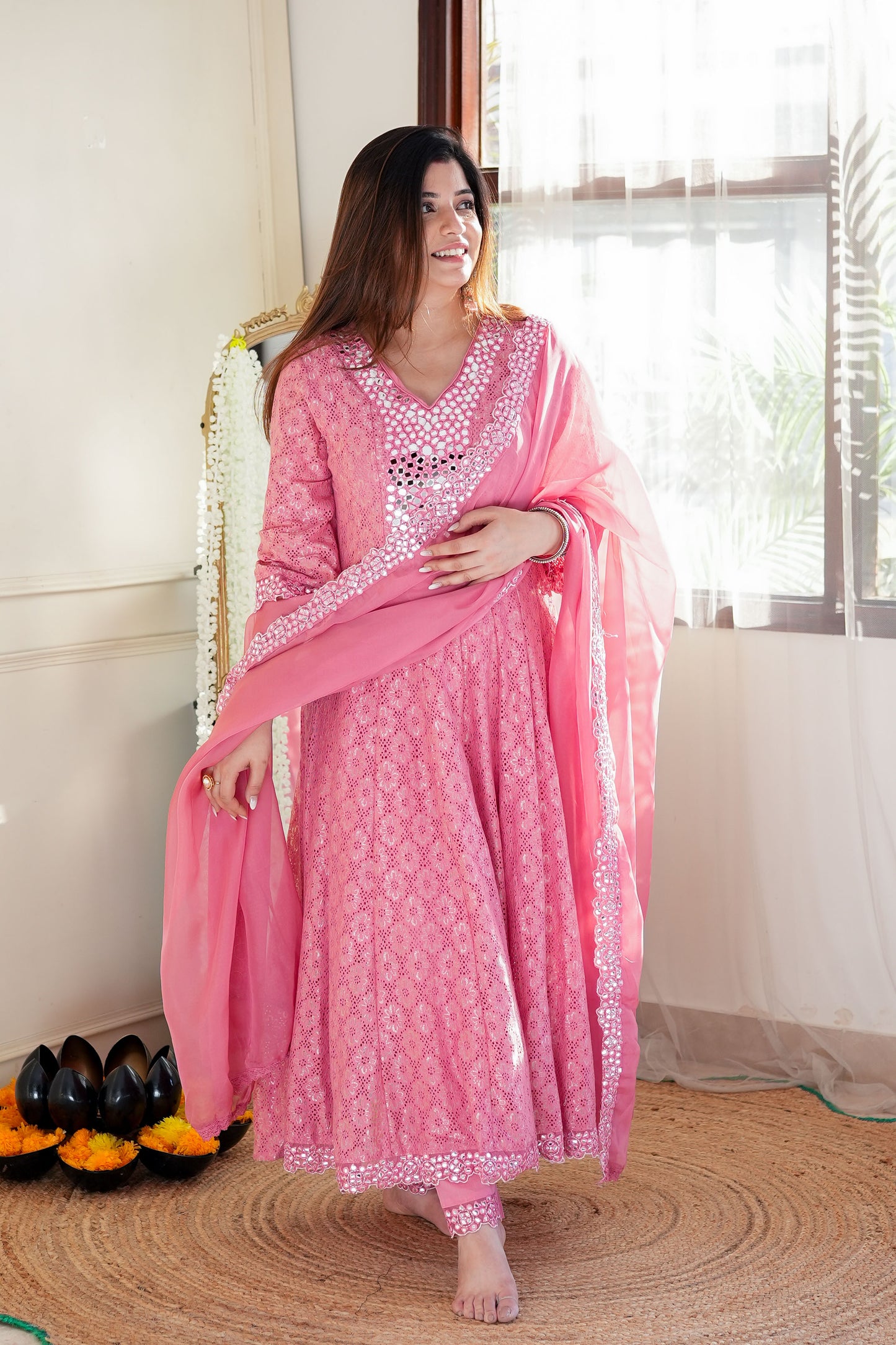 Neyah  Pink Cutwork Anarkali Suit Set