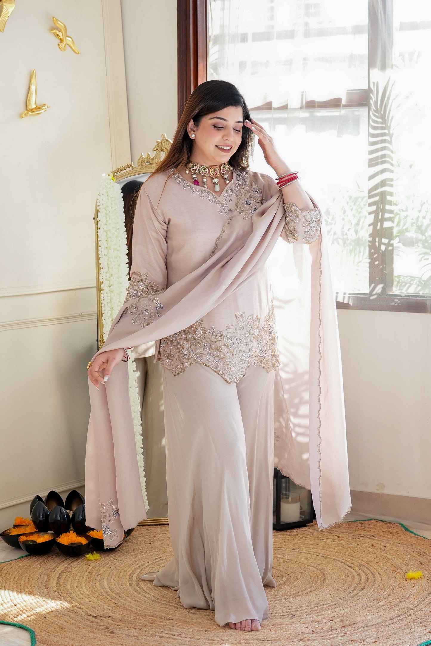 Sufi Champagne Gold Embroidered Garara Set