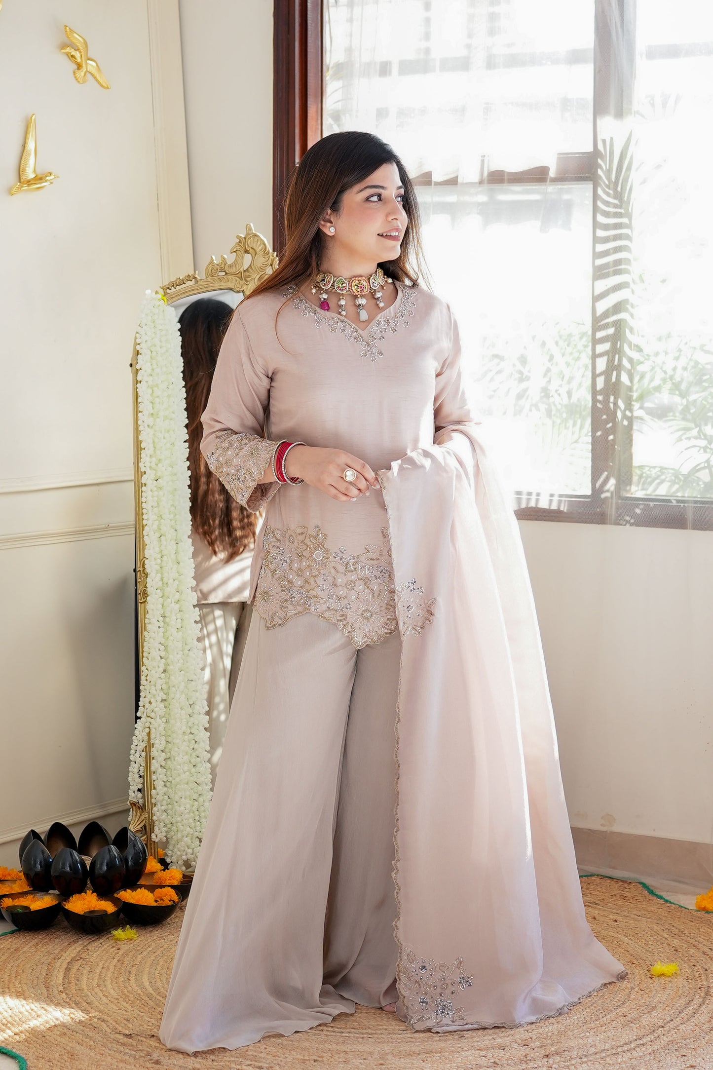 Sufi Champagne Gold Embroidered Garara Set