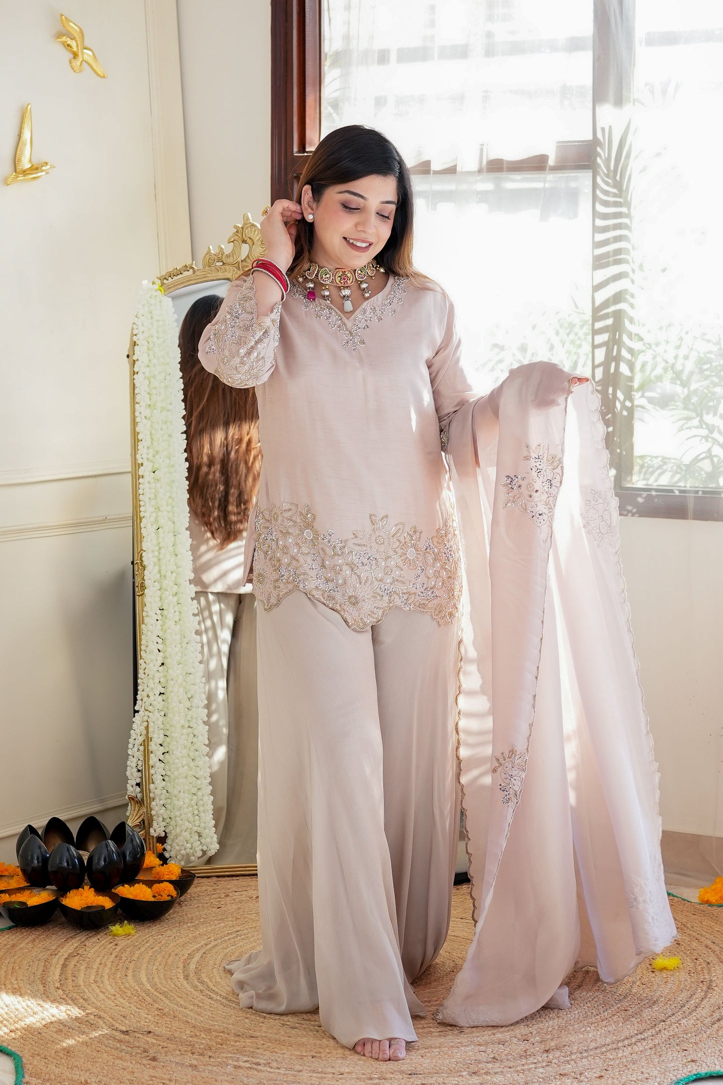 Sufi Champagne Gold Embroidered Garara Set