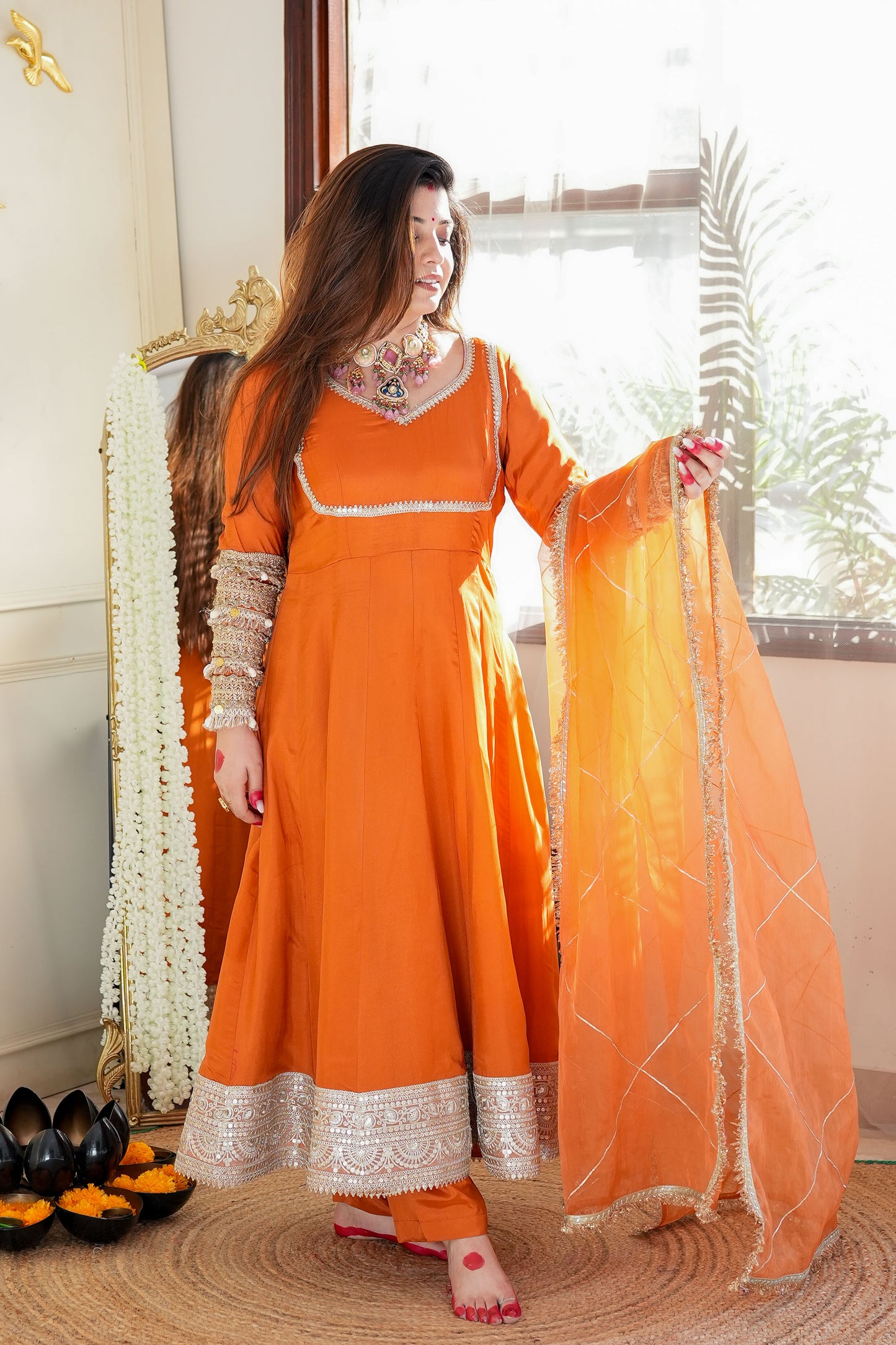 Hayaat Rust Anarkali Suit Set