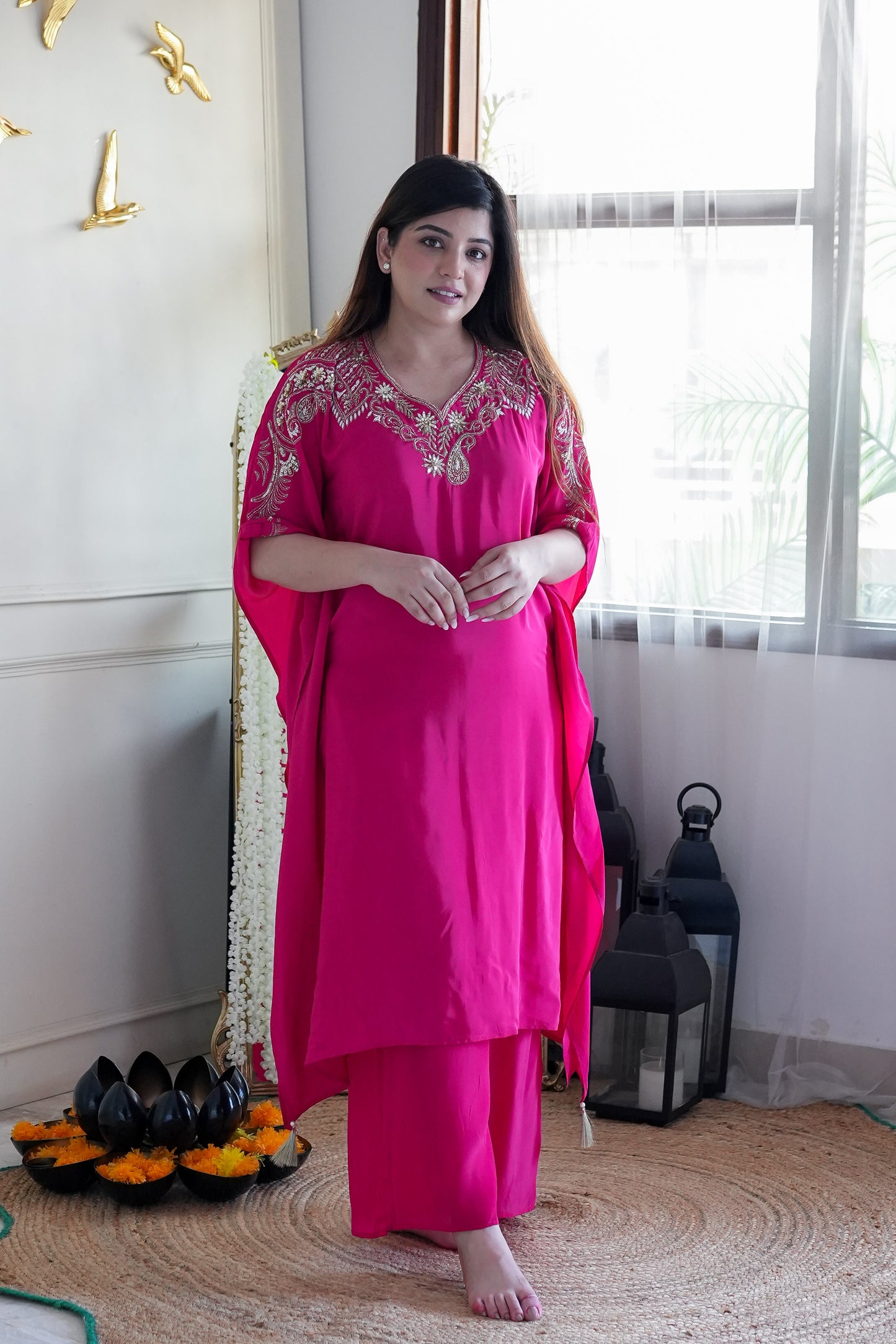 Farina Pink Embroidred Kaftan Set