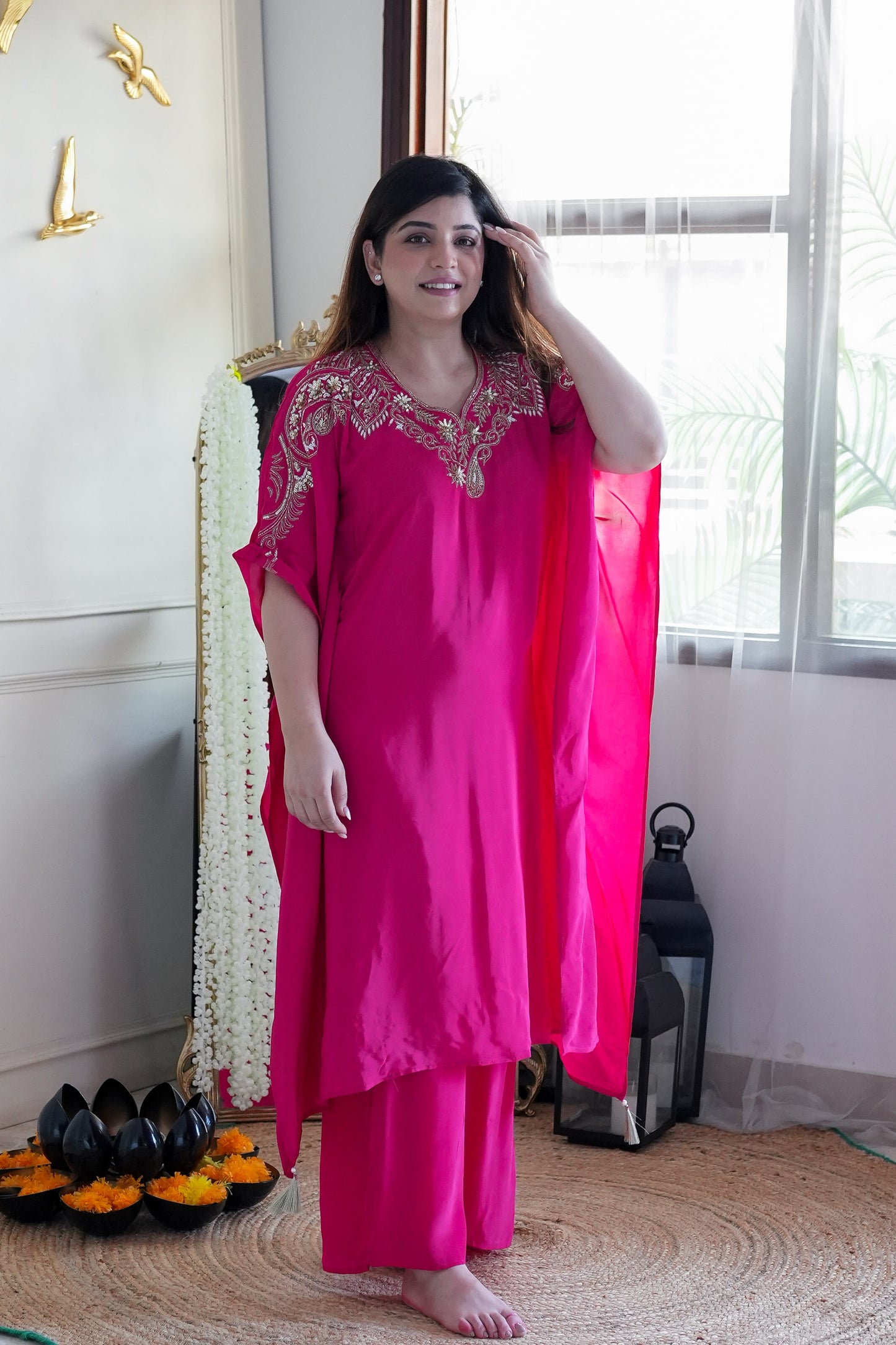 Farina Pink Embroidred Kaftan Set