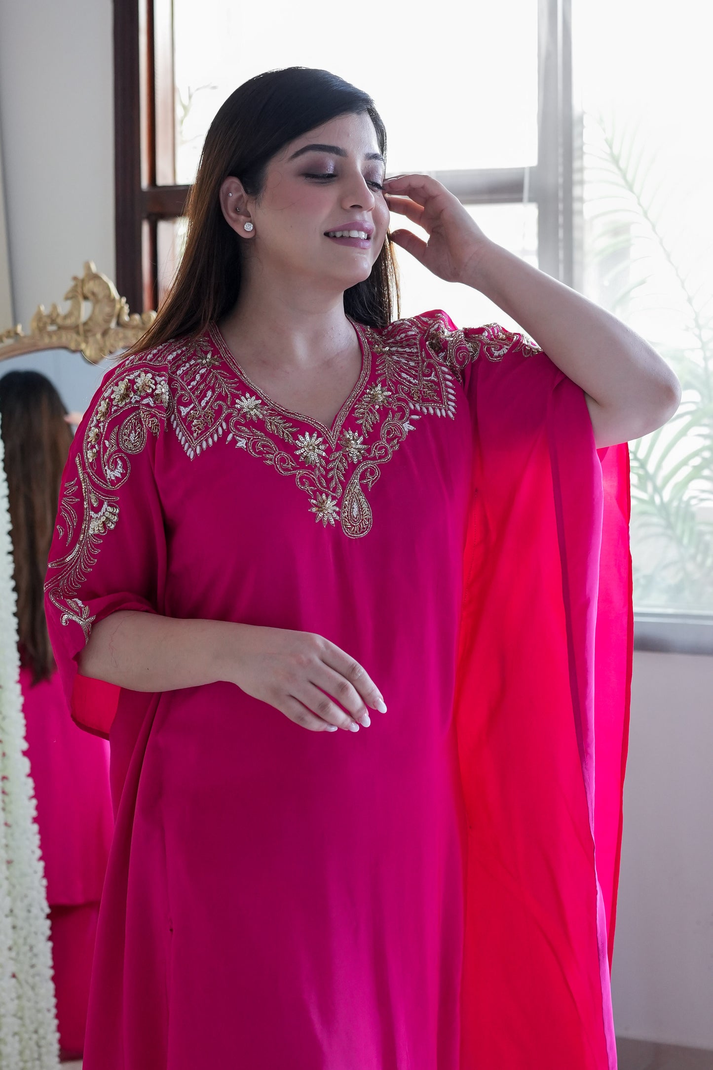 Farina Pink Embroidred Kaftan Set