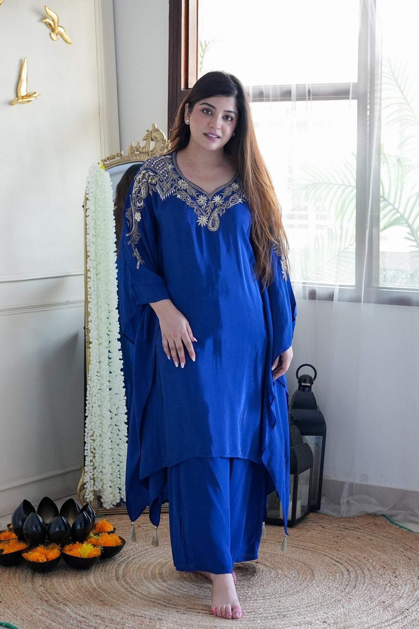 Farina Blue Embroidred Kaftan Set