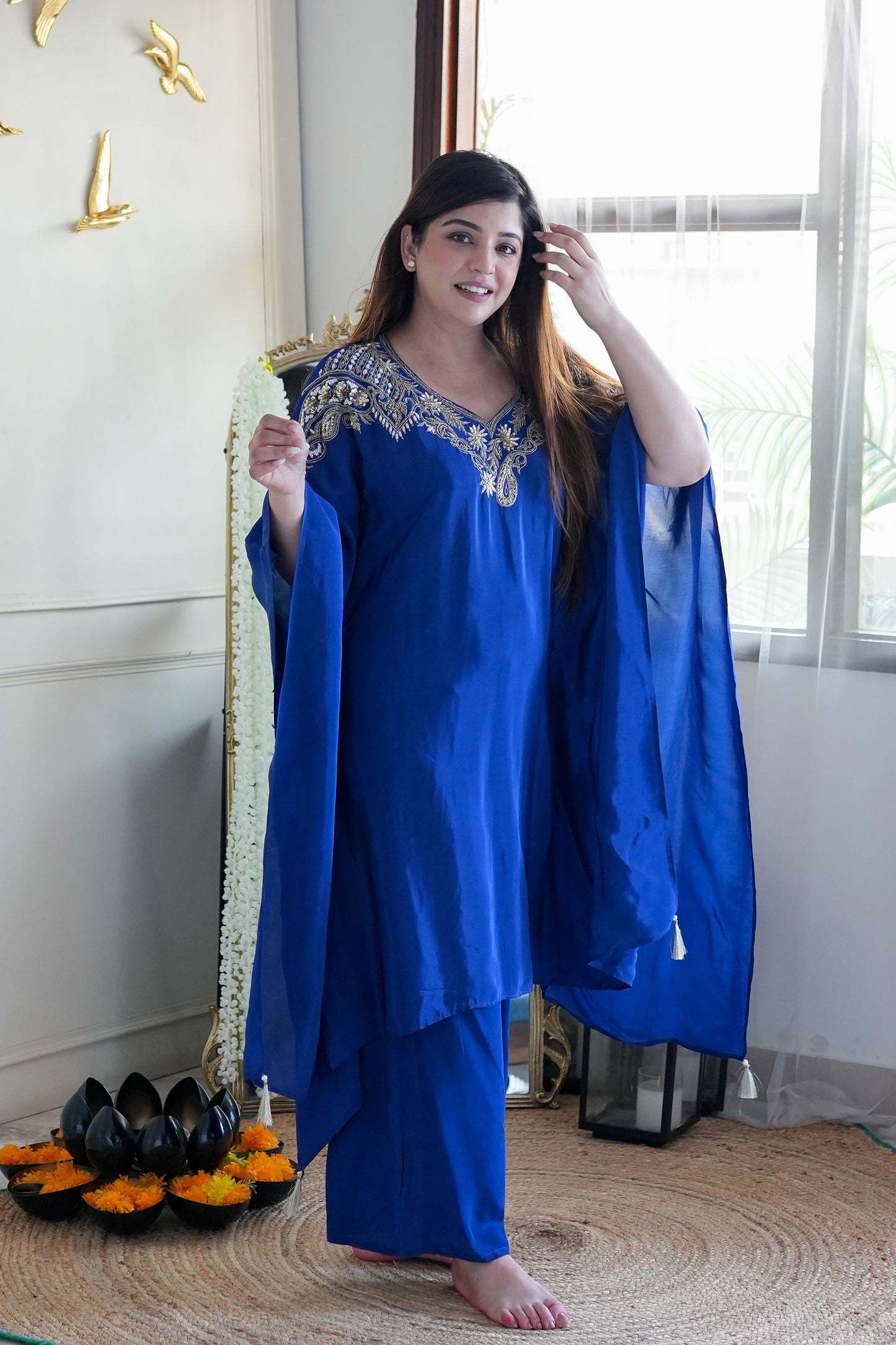 Farina Blue Embroidred Kaftan Set