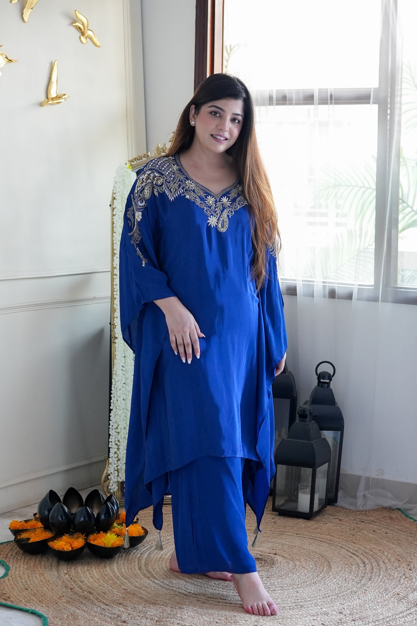 Farina Blue Embroidred Kaftan Set