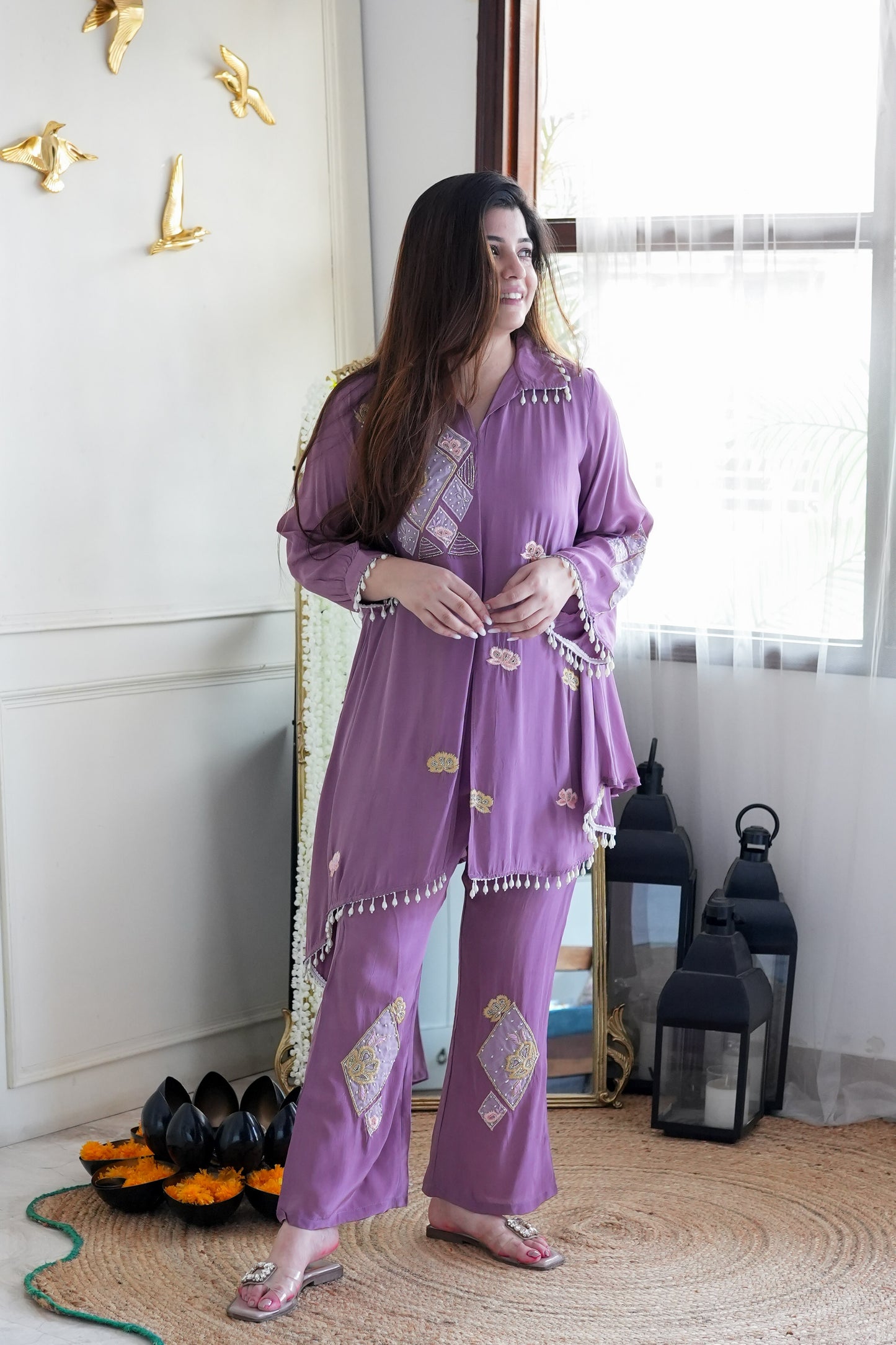 Sarya Purple Embroidered Cord Set