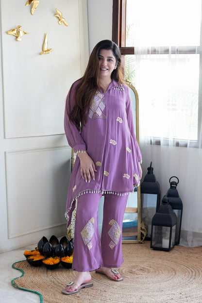 Sarya Purple Embroidered Cord Set