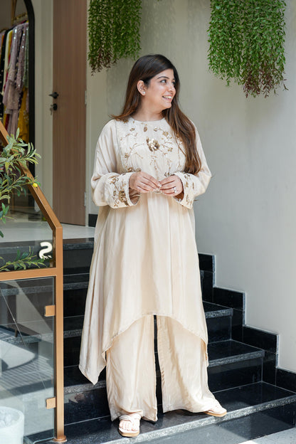 Anam Beige Embroidered Detailing Co ord Set