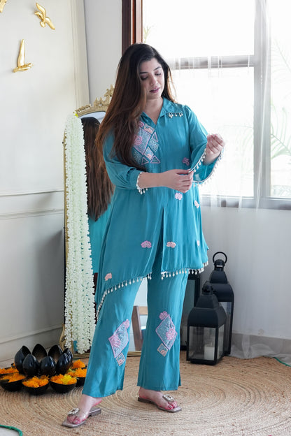 Sarya Blue Embroidered Cord Set