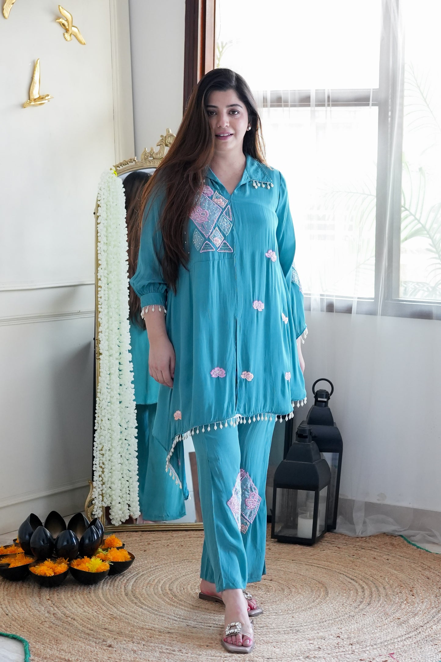 Sarya Blue Embroidered Cord Set